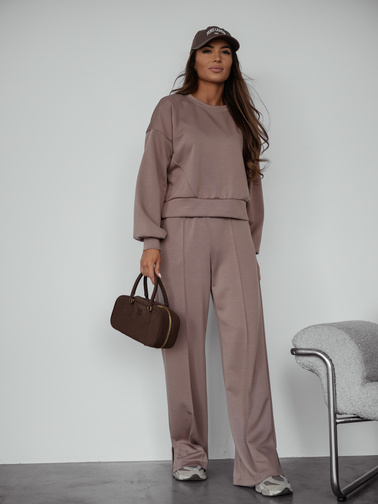 KOMPLET MASEŁKO BLUZA + SPODNIE Z SZEROKĄ NOGAWKĄ- CAPPUCCINO