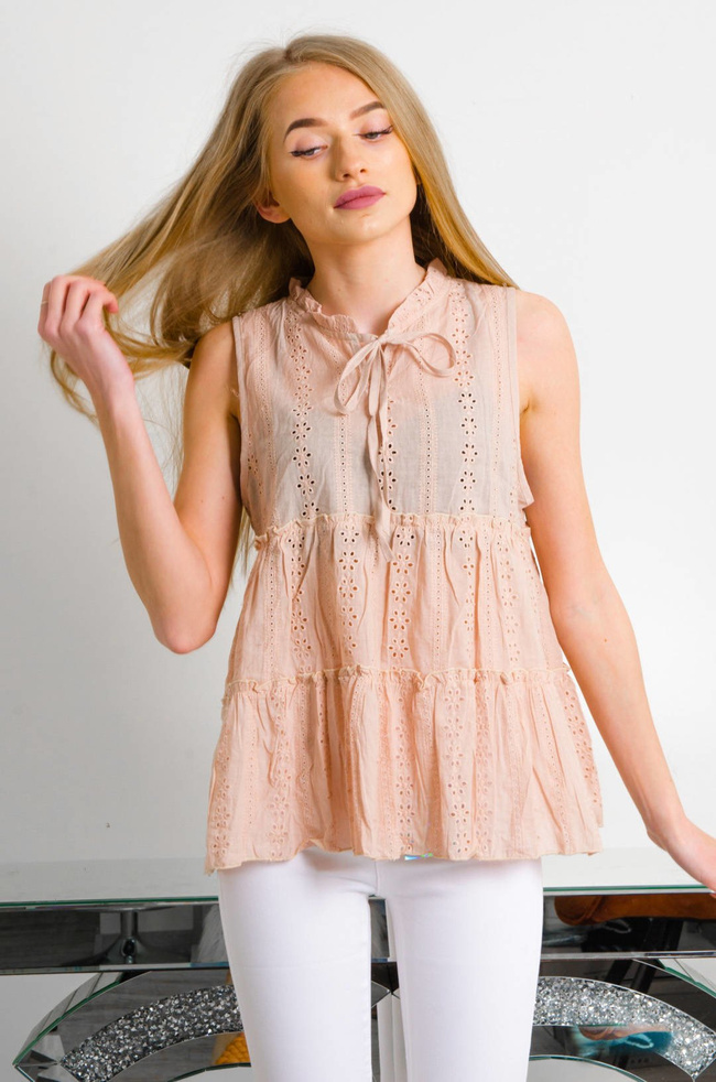 BEŻOWA AŻUROWA TRAPEZOWA BLUZKA