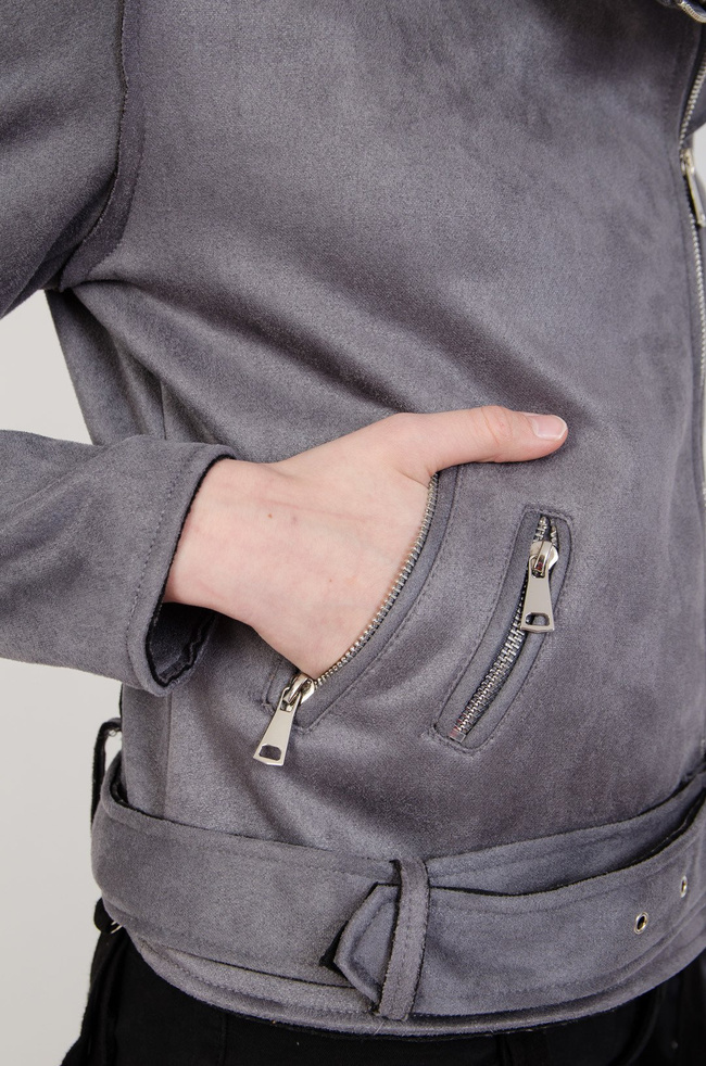 Szara zamszowa kurtka z paskiem na dole