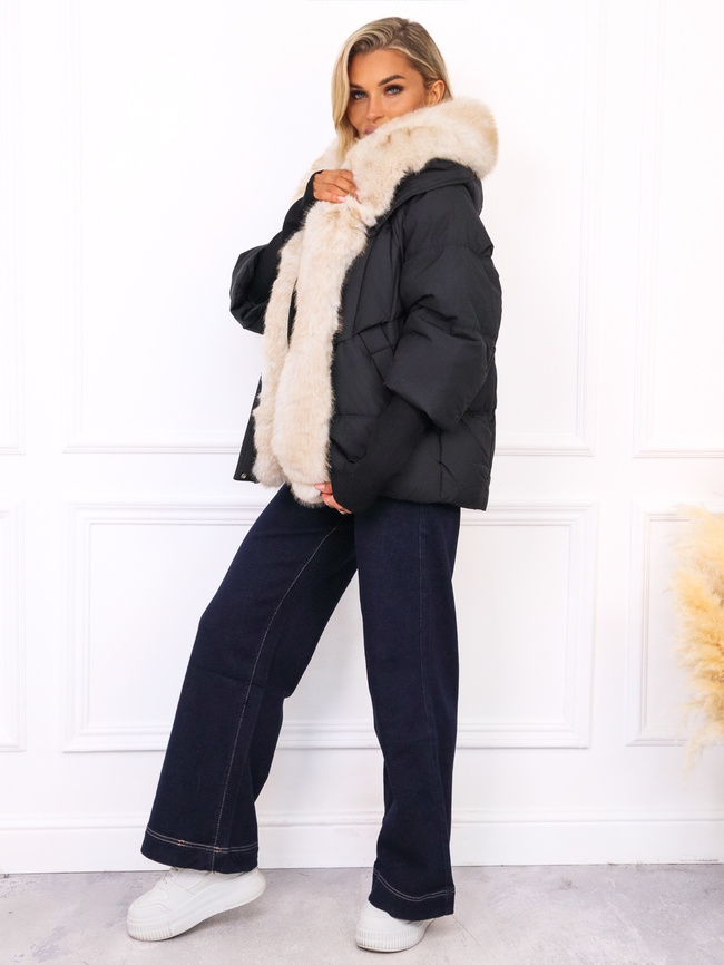 KURTKA PUCHOWA Z DZIANINOWYMI WSTAWKAMI PRZY RĘKAWIE- CZARNA