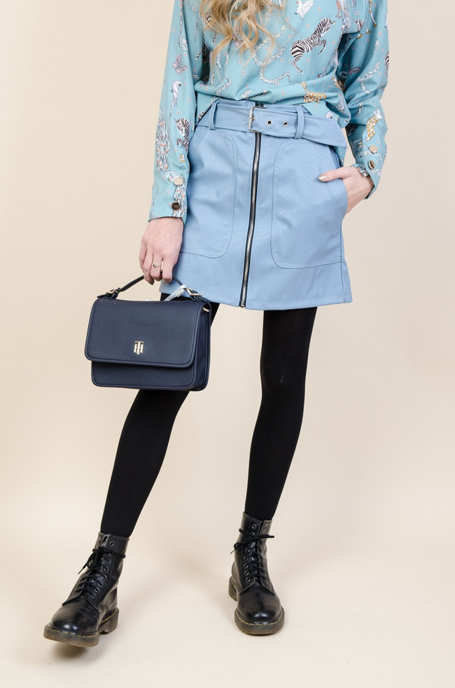 Niebieska trapezowa spódnica z zamkiem na środku-imitacja skóry