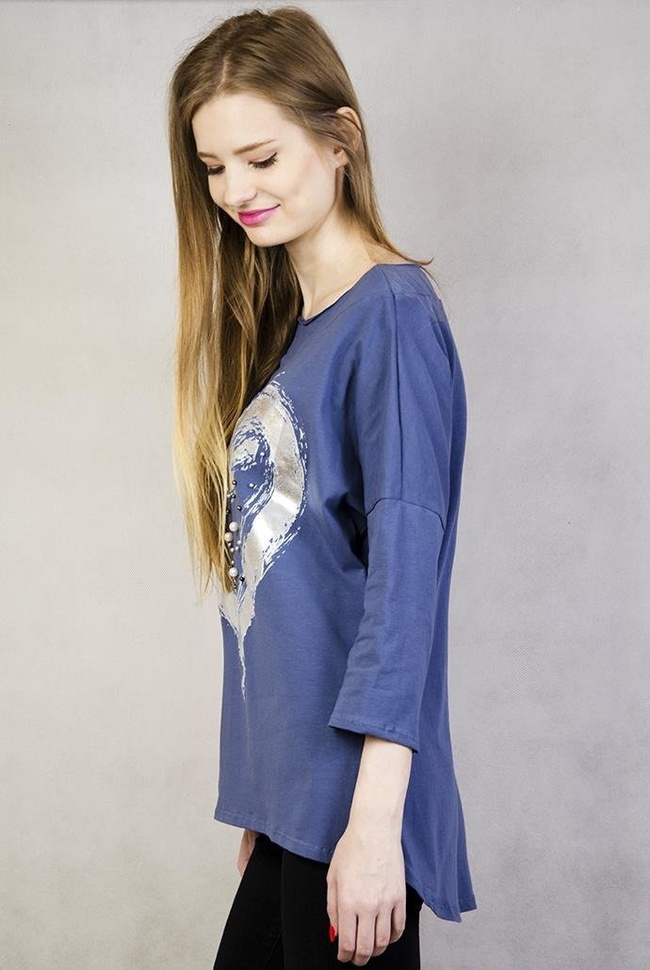 Asymetryczna bluzka z srebrnym sercem i perełkami, niebieska