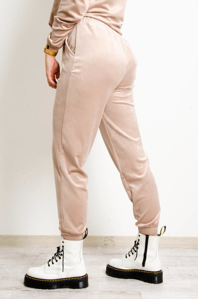 BEŻOWE WELUROWE SPODNIE DRESOWE