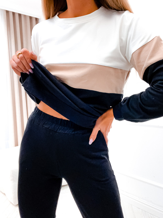 KOMPLET DRESOWY Z BLUZĄ W PASKI- CZARNY