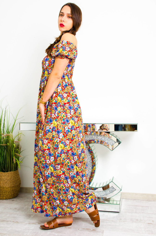 CZERWONA DŁUGA SUKIENKA HISZPANKA W KWIATY