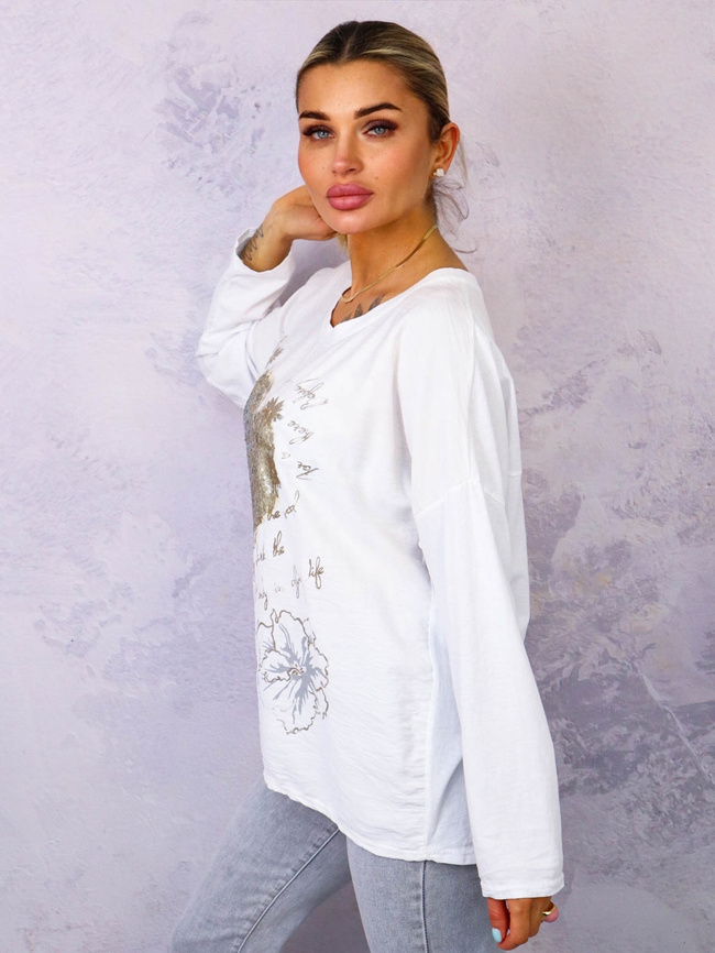 BLUZKA Z APLIKACJĄ I OZDOBNYMI CEKINAMI- BIAŁA