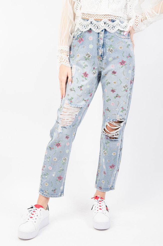 SPODNIE RELAXED FIT W DROBNE KWIATY Z PRZETARCIAMI