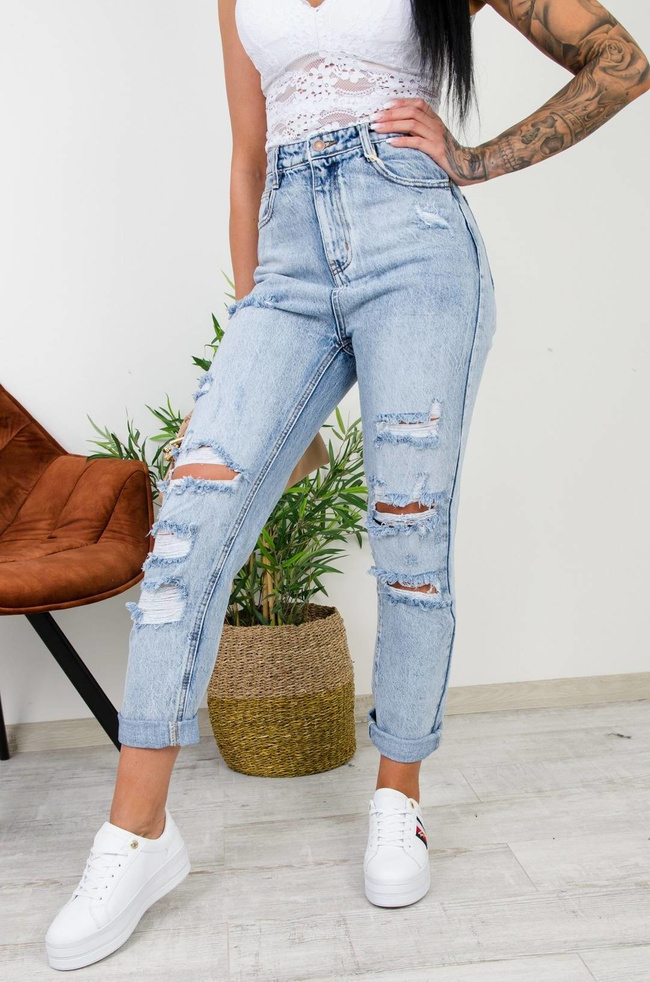JASNE JEANSY MOM FIT Z DZIURAMI -WYSOKI STAN