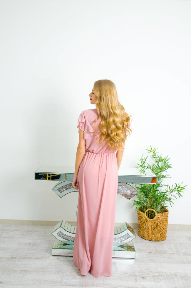 DŁUGA ELEGANCKA SUKIENKA MAXI Z ŻABOTEM - BRUDNY RÓŻ