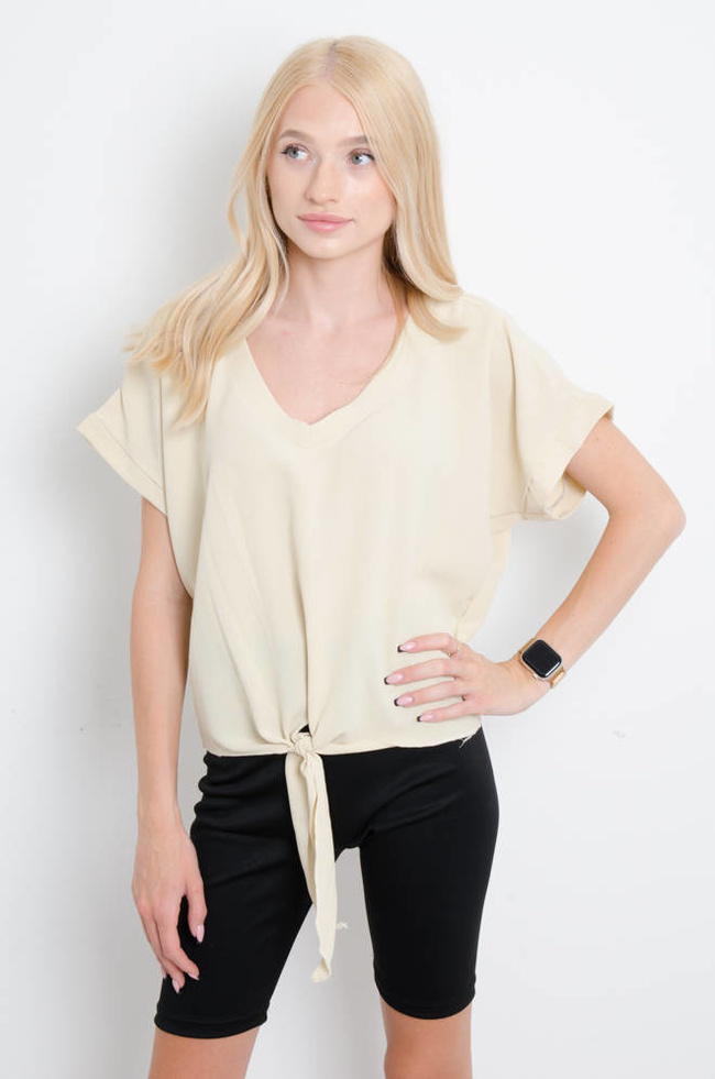 BLUZKA Z WIĄZANIEM DEKOLT V - BEŻOWA 