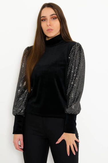 CZARNA BLUZKA Z CEKINOWYMI RĘKAWAMI