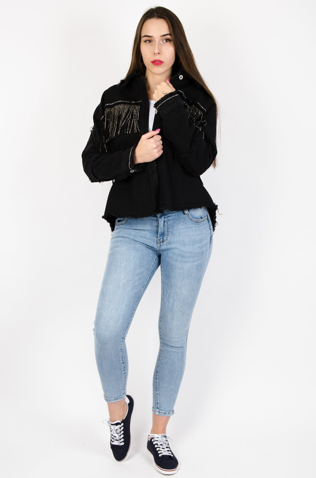 CZARNA KURTKA JEANSOWA OVERSIZE Z FRĘDZLAMI