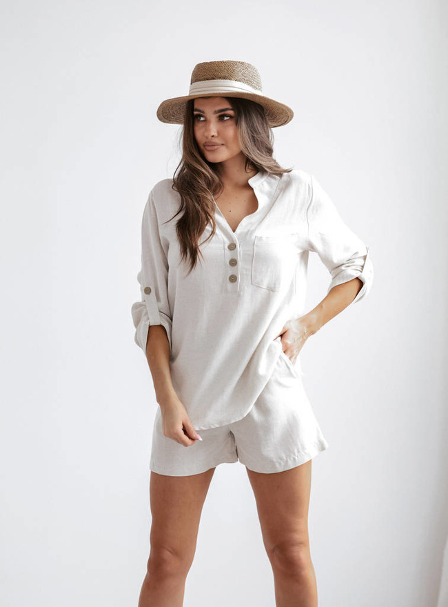 BEŻOWA LNIANA KOSZULA Z GUZIKAMI