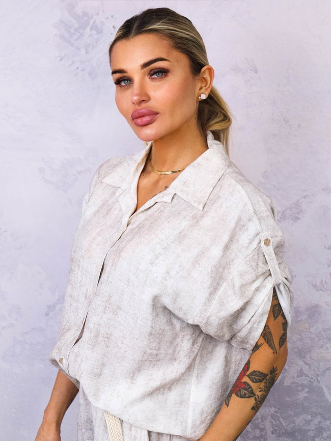 KOMPLET Z WISKOZY KOSZULA+ SPODNIE Z PLECIONYM PASKIEM- JASNOBEŻOWY