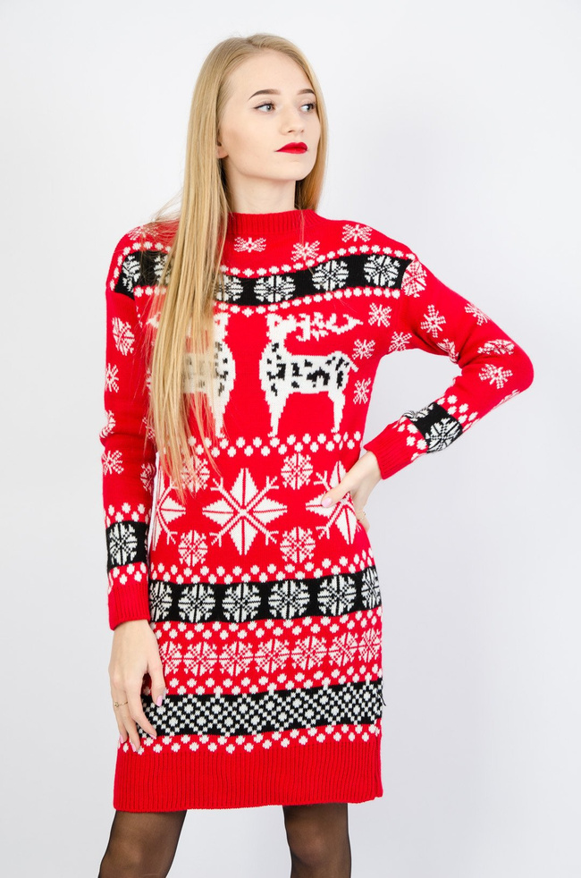 CZERWONA SWETERKOWA SUKIENKA Z MOTYWEM ŚWIĄTECZNYM