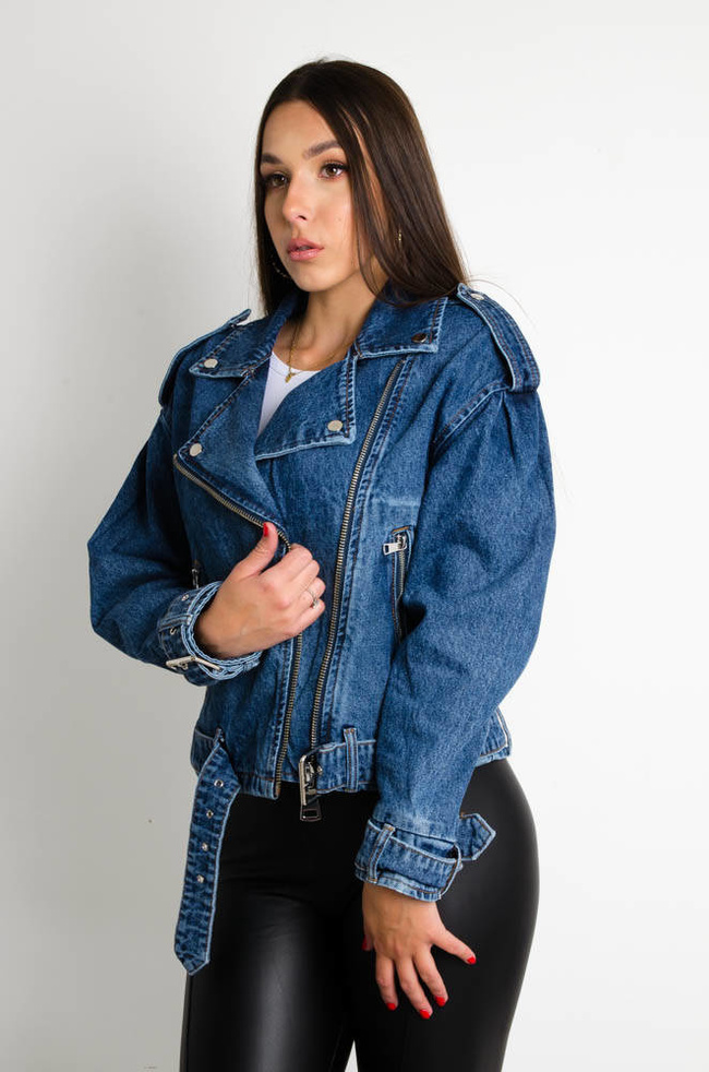 JEANSOWA KURTKA BIKER W KOLORZE GRANATU