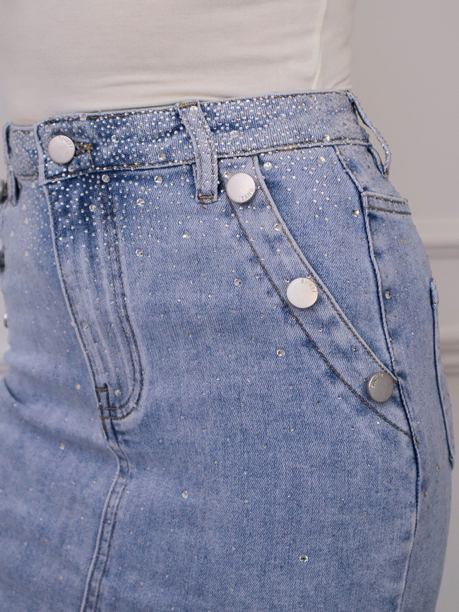 SPÓDNICA JENSOWA MIDI Z BŁYSZCZĄCYM ZDOBIENIEM- NIEBIESKA