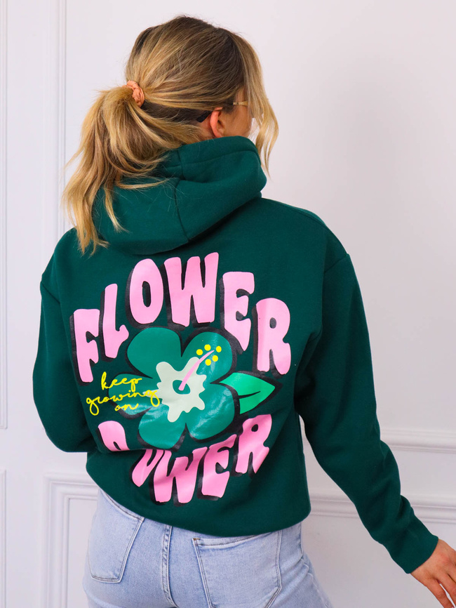 BLUZA Z KAPTUREM Z APLIKACJĄ Z PRZODU I NA PLECACH- ZIELONA