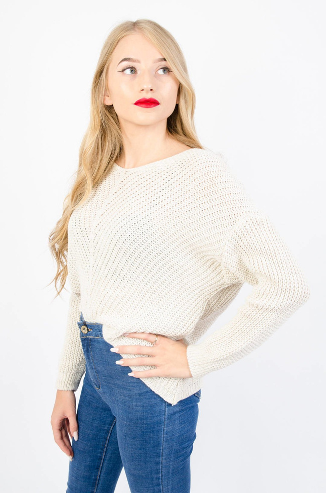 BEŻOWY ASYMETRYCZNY SWETER W SZPIC