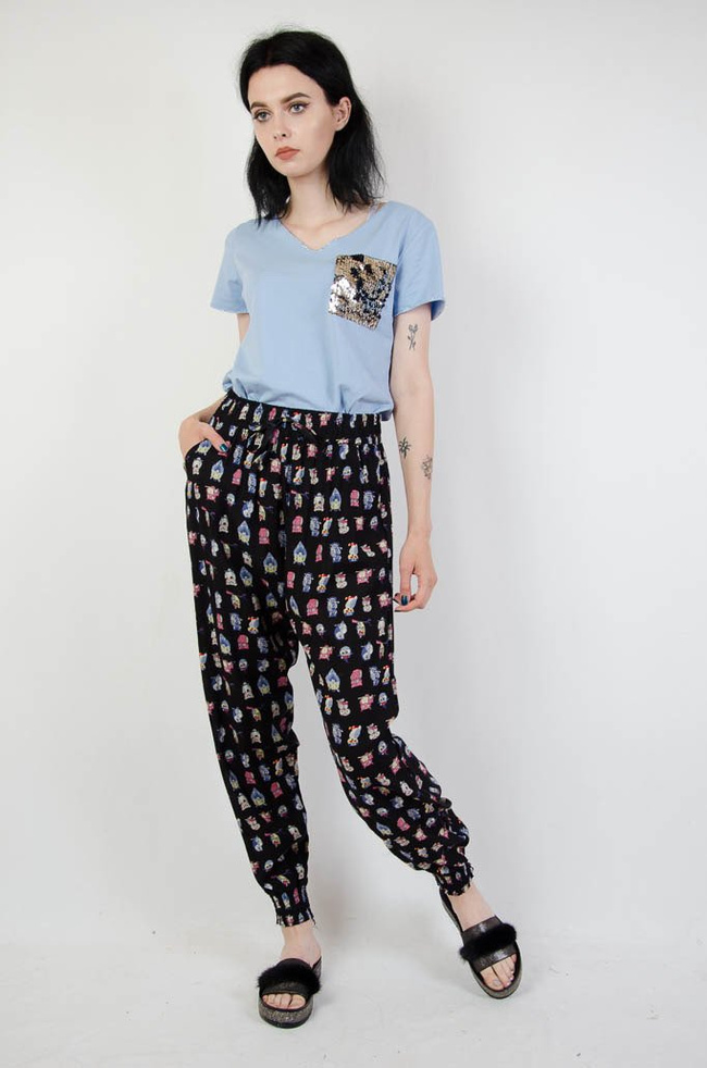 Czarne spodnie alladynki w sowy