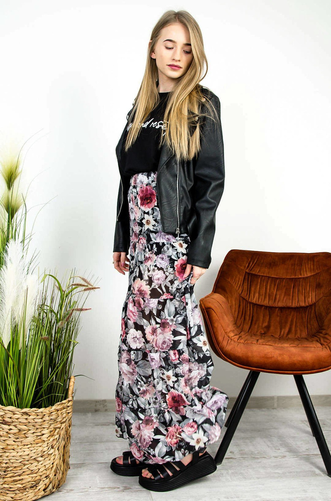 CZARNA SPÓDNICA MAXI W KWIATY Z ROZCIĘCIEM