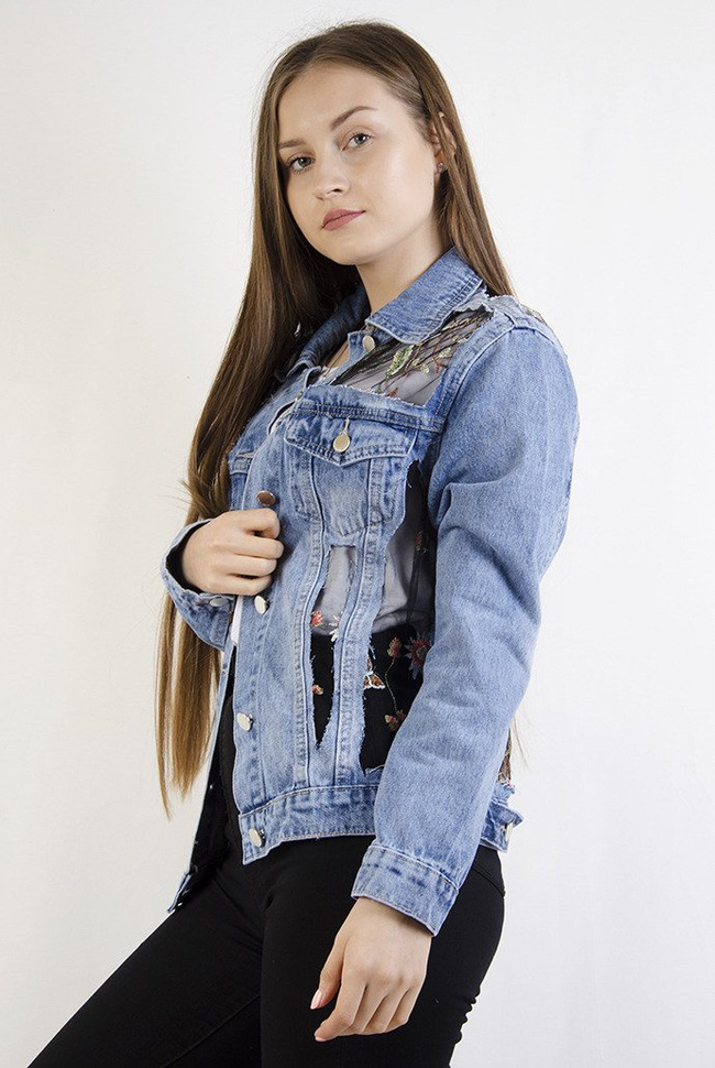 Kurtka jeansowa z haftami i elementami prześwitującymi
