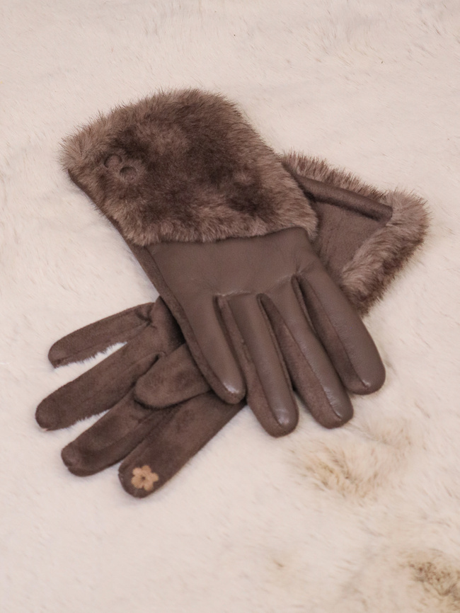 RĘKAWICZKI OCIEPLANE Z EKOSKÓRY I ZAMSZU Z FUTERKIEM- CIEMNY BRĄZ