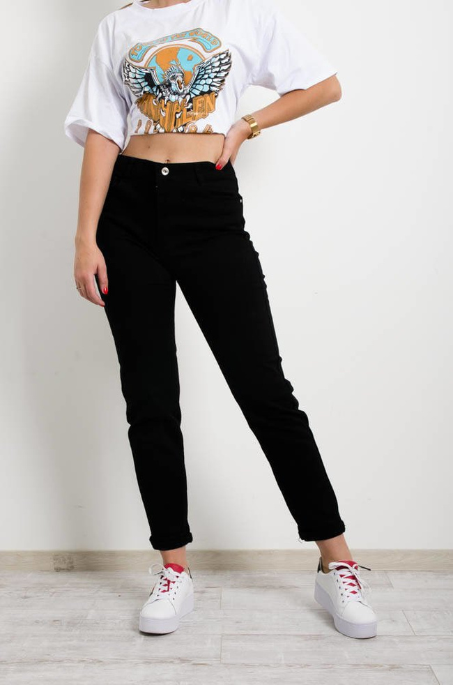 CZARNE SPODNIE JEANSOWE MOM STRETCH-WYSOKI STAN