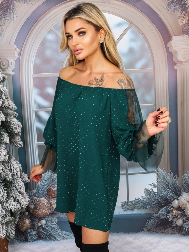 BLUZKA W CYRKONIE Z OZDOBNYM RĘKAWEM Z SIATKI I I FALBANKĄ- ZIELONA