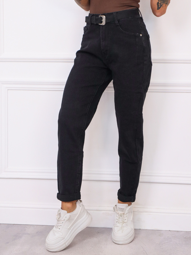 SPODNIE JEANSOWE PLUS SIZE MOM FIT Z PRZESZYCIAMI PRZY KIESZENIACH+ PASEK- CZARNE