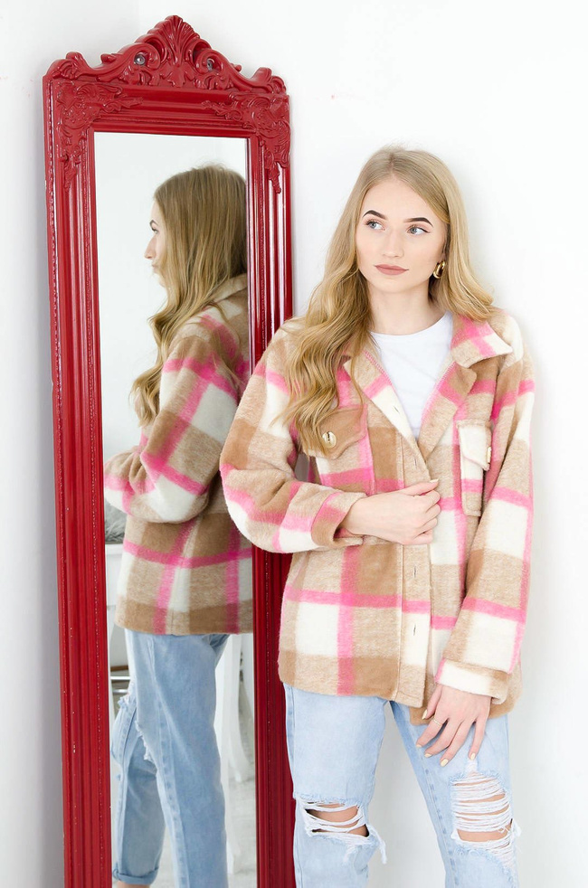 RÓŻOWY PŁASZCZ KOSZULA W KRATĘ