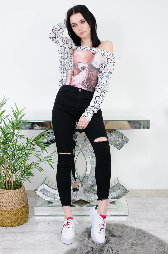 CZARNE SPODNIE SKINNY Z ROZCIĘCIAMI NA KOLANACH- WYSOKI STAN