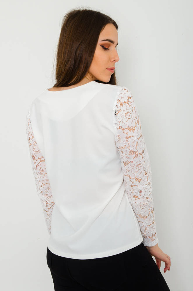 BIAŁA ELEGANCKA BLUZKA Z KORONKOWYMI RĘKAWAMI 
