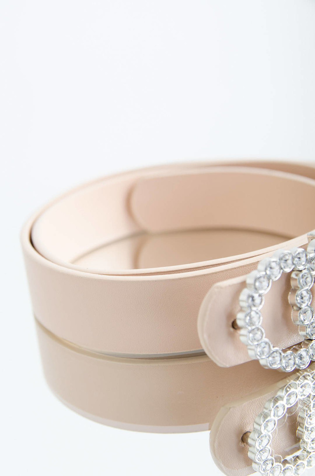 DAMSKI BEŻOWY PASEK Z PODWÓJNĄ KLAMRĄ CYRKONIE 