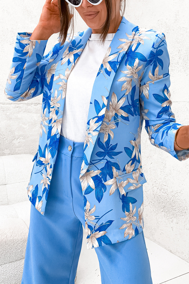 KOMPLET MARYNARKA W KWIATY + SZEROKIE SPODNIE- NIEBIESKI