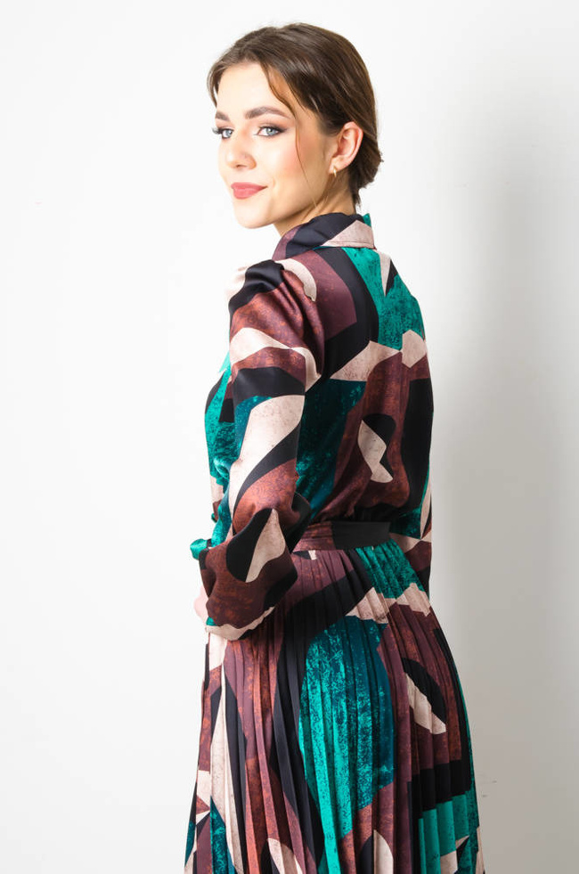 SUKIENKA DŁUGA WE WZORY Z PLISOWANYM DOŁEM- BRĄZOWO-ZIELONA