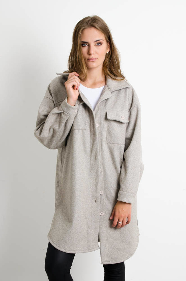 SZARY DŁUGI PŁASZCZ KOSZULOWY