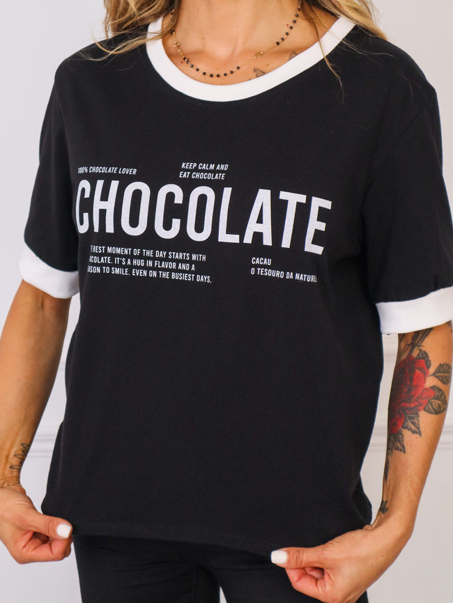 BLUZKA BAWEŁNIANA Z NAPISEM CHOCOLATE- CZARNA
