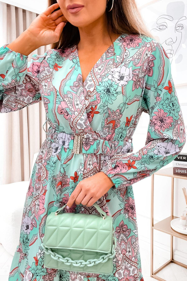 WZORZYSTA SUKIENKA Z PASKIEM- ZIELONA