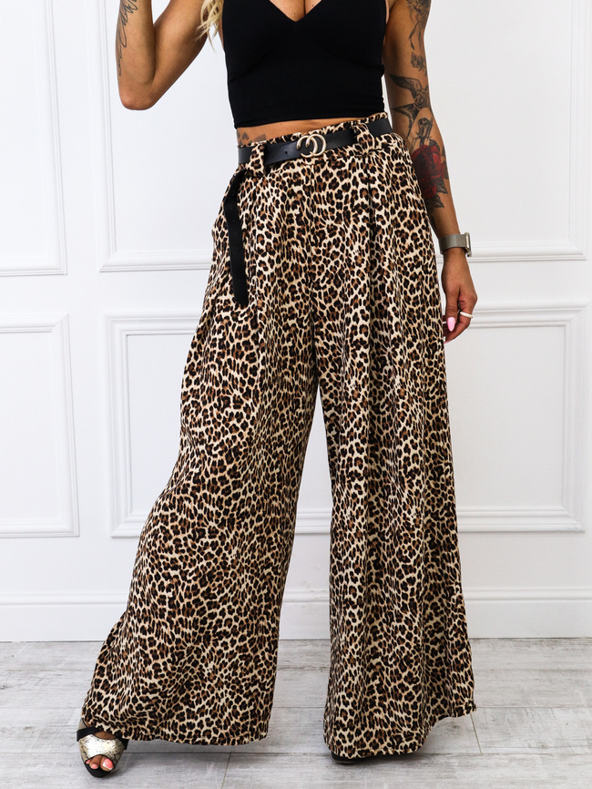 MATERIAŁOWE SPODNIE Z SZEROKIMI NOGAWKAMI+ PASEK- PANTERKA