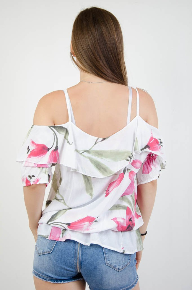 BIAŁA BLUZKA W KWIATY Z WYCIĘTYMI RAMIONAMI