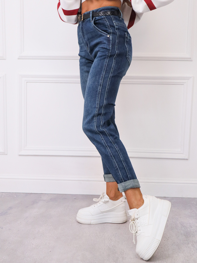 SPODNIE JEANSOWE Z PRZESZYCIAMI I WYSOKIM STANEM- GRANATOWE