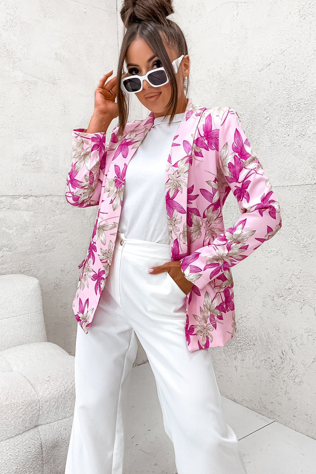 KOMPLET MARYNARKA W KWIATY + SZEROKIE SPODNIE- RÓŻOWY