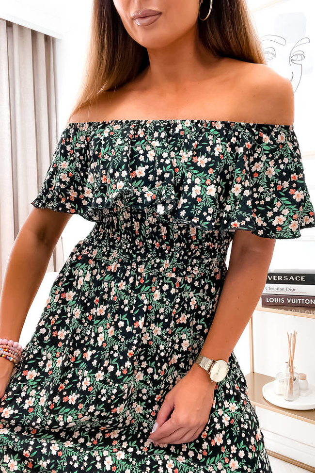 SUKIENKA MIDI W KWIATY HISZPANKA- CZARNA