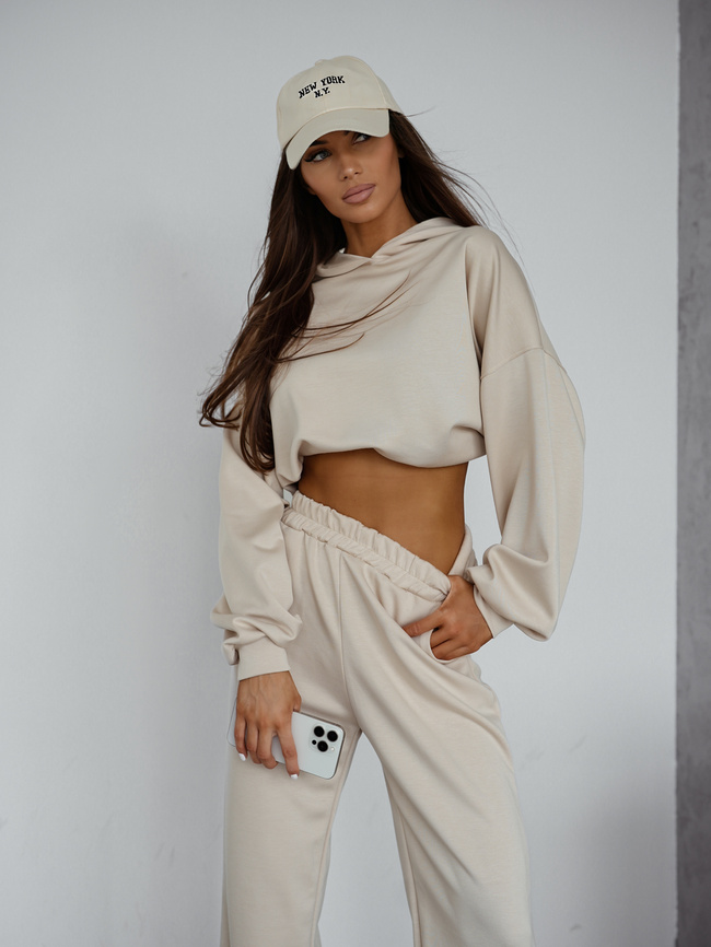 KOMPLET DRESOWY BLUZA Z KAPTUREM+ SPODNIE- BEŻOWY