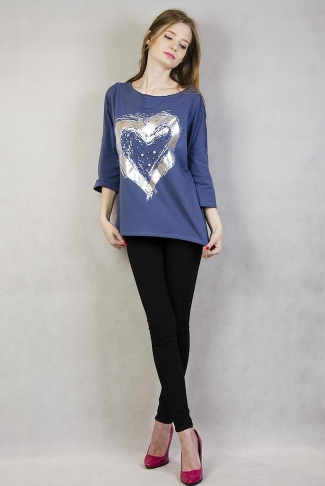 Asymetryczna bluzka z srebrnym sercem i perełkami, niebieska
