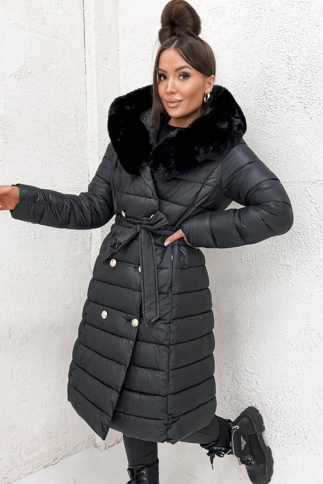 PIKOWANY PŁASZCZ ZE ZŁOTYMI GUZIKAMI I PASKIEM- CZARNY