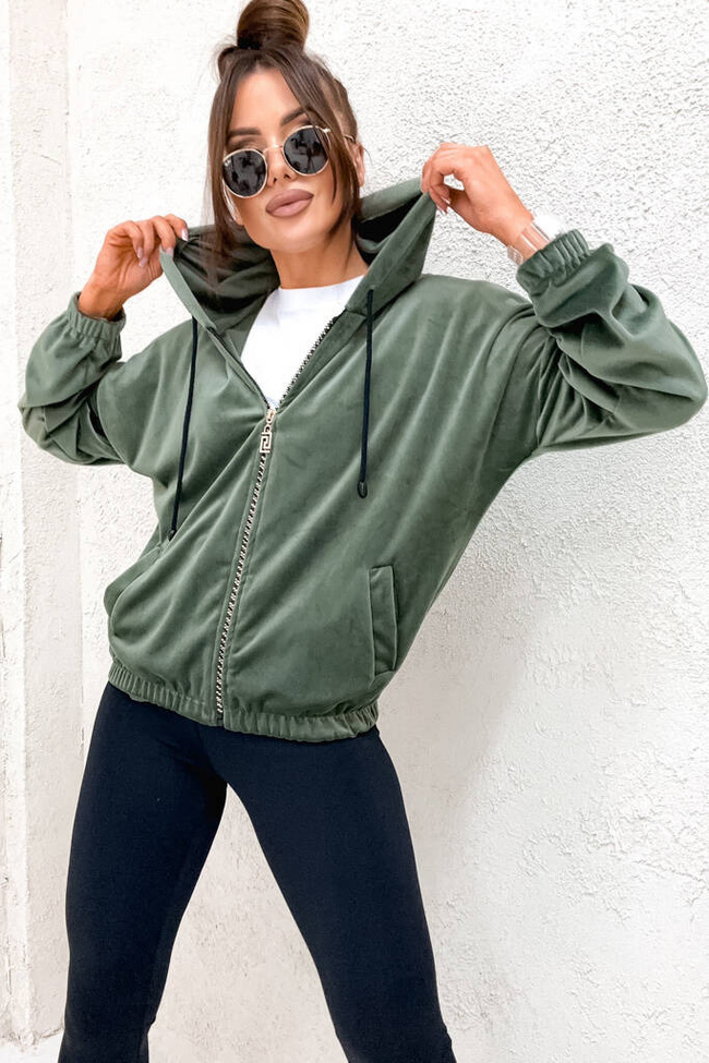 BLUZA ZAMSZOWA Z OZDOBNYM ZAMKIEM- ZIELONA