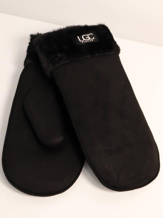 RĘKAWICZKI ZAMSZOWE Z FUTRZANYM ŚCIAGACZEM Z JEDNYM PALCEM Z LOGIEM LGC- CZARNE