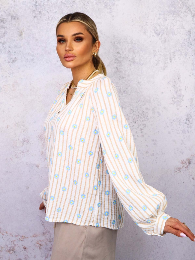 BLUZKA KOSZULOWA W PASKI I KWIATKI- BEŻOWA